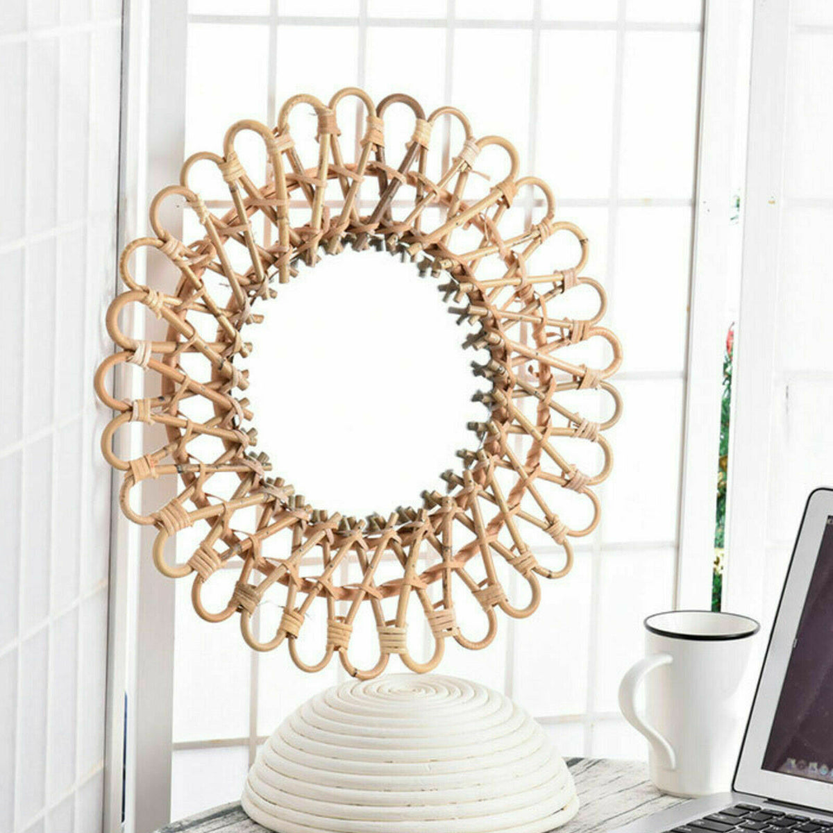 Nordic Style Rattan Wall Mirror - Space Saving Bathroom & Living Room Decor