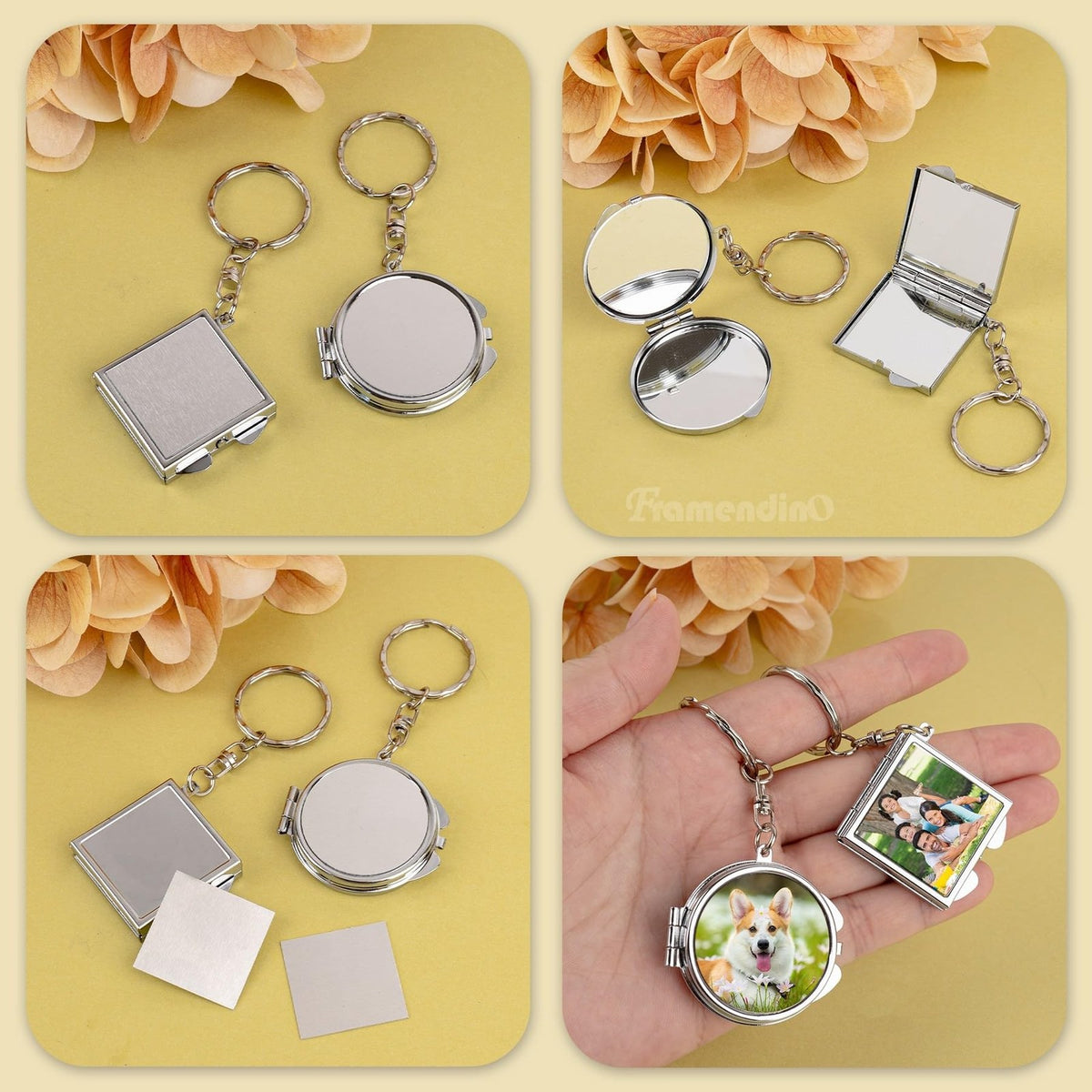 Sublimation Compact Mirror Blanks 6 Pack - Pocket Folding Keychain, Square & Round, Silver