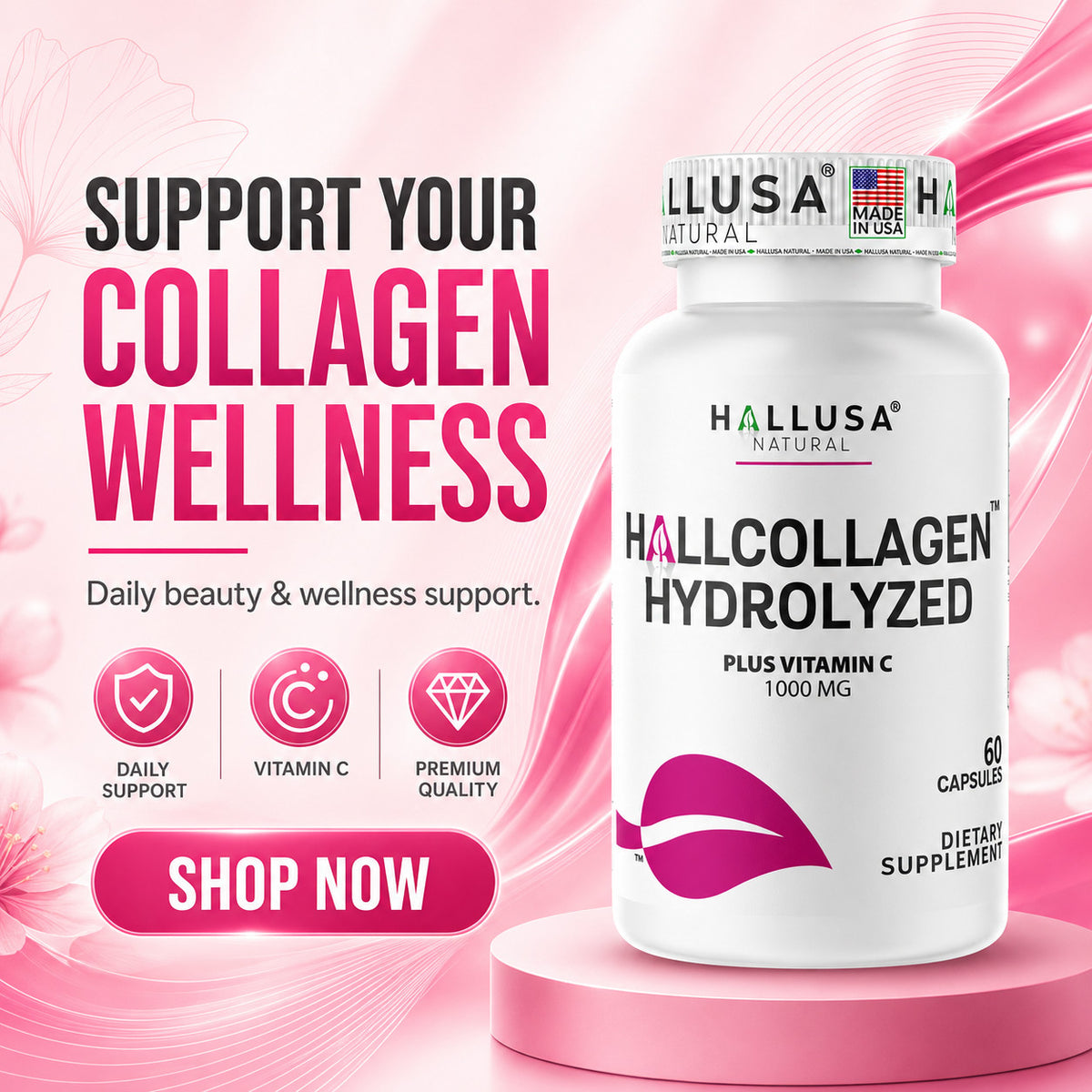 Hydrolyzed Collagen 1000mg with Vitamin C Capsules for Skin Hair Nails - Anti-Aging Support