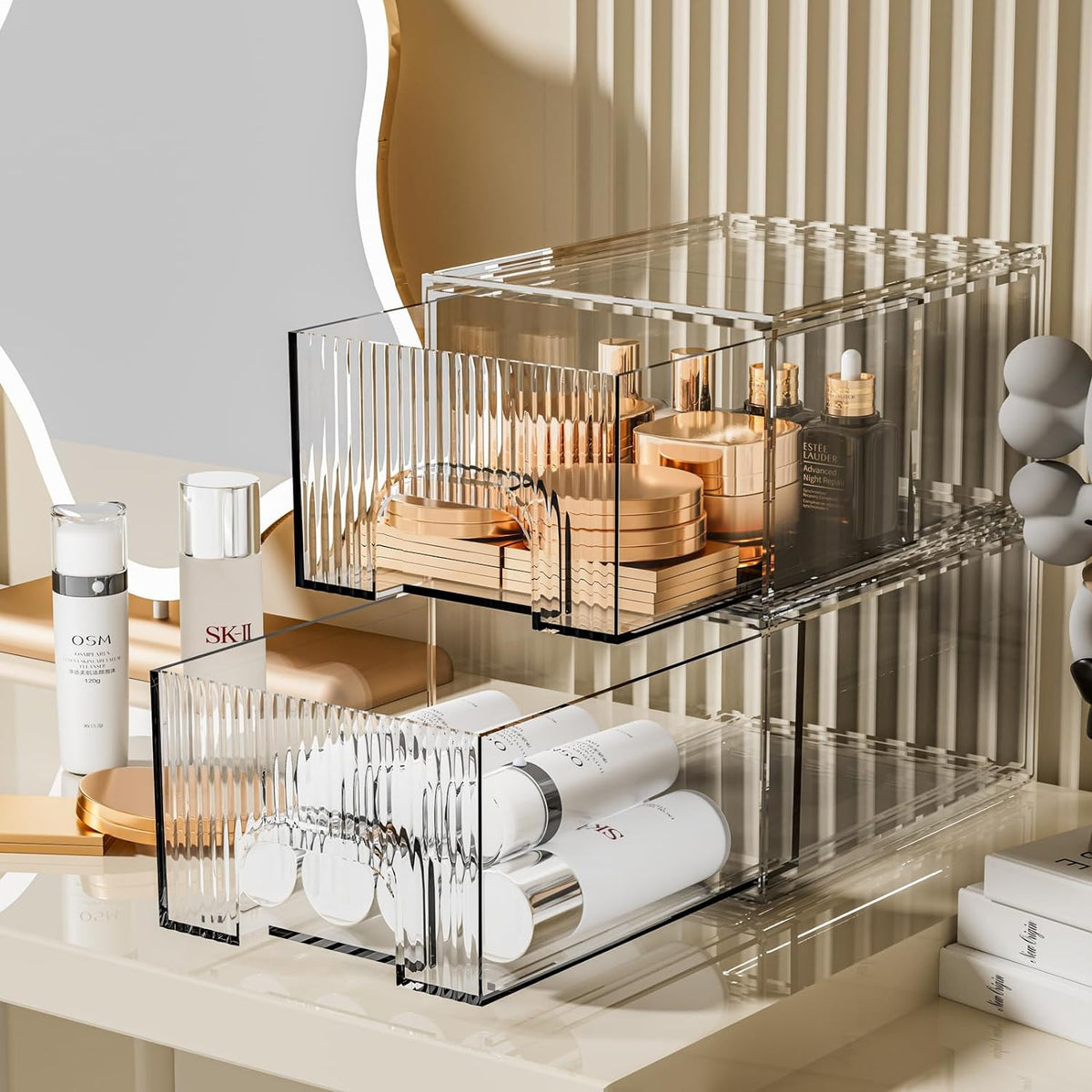 Stackable Cosmetic Organizer Bins - Clear Acrylic Drawer Storage Set of 2