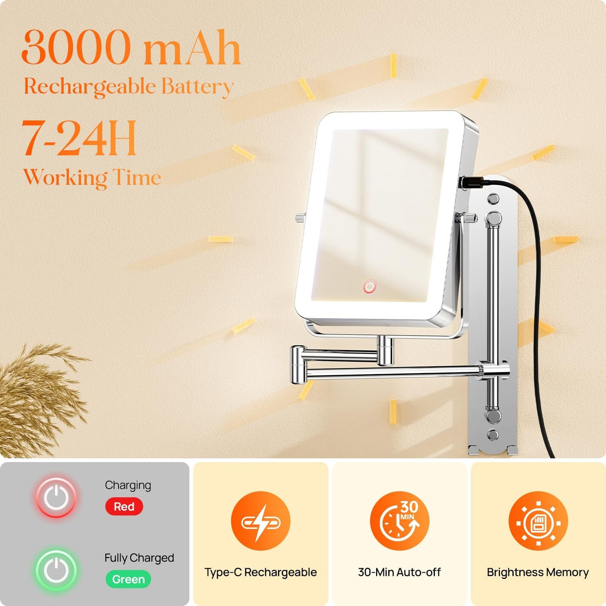 Height Adjustable Wall-Mounted Lighted Makeup Mirror with 10X Magnification and Hooks