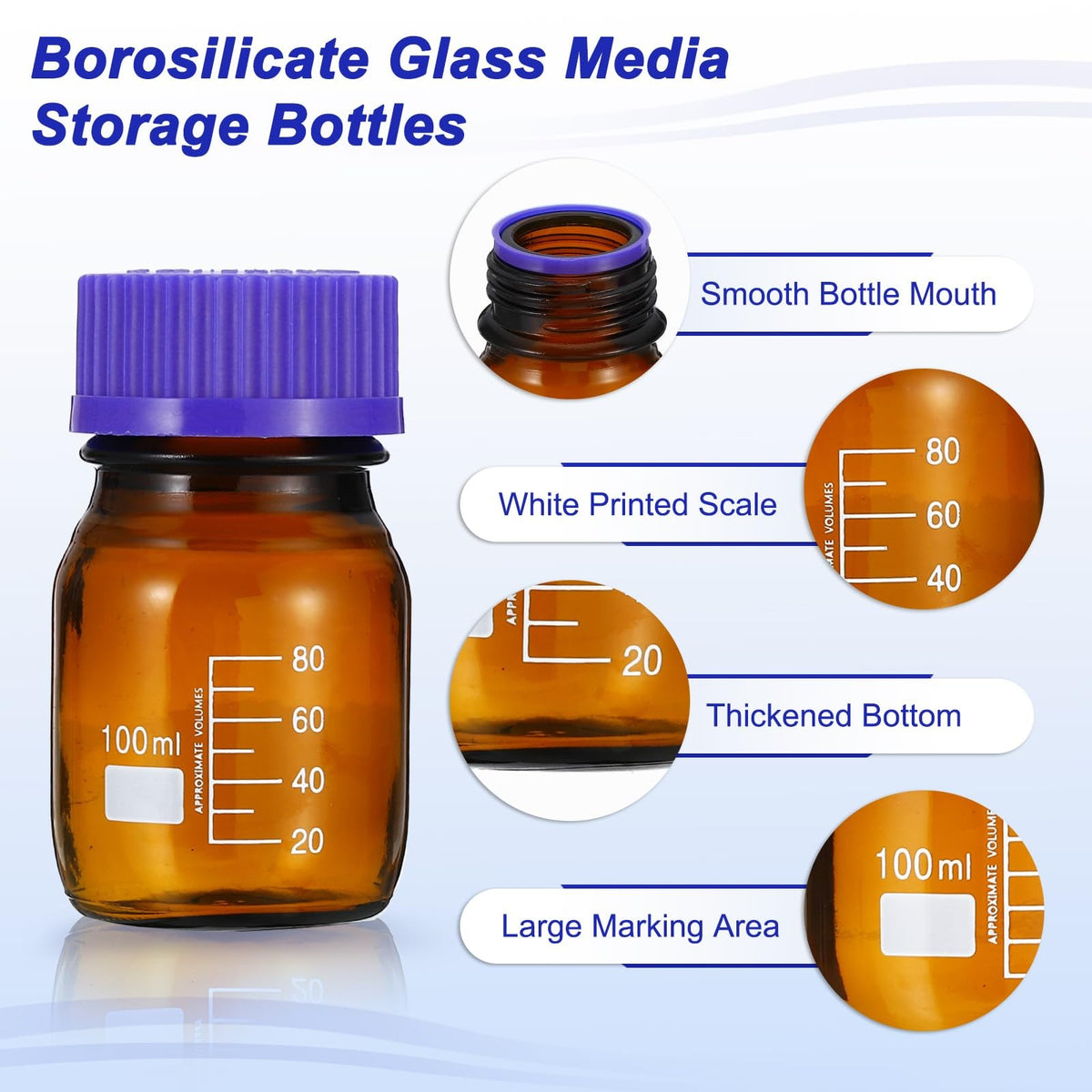 100ml Laboratory Reagent Storage Bottles 8 Pack Borosilicate Glass with Blue Caps
