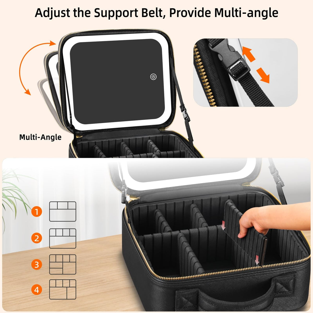 Travel Makeup Bag with Illuminated Mirror and Adjustable Compartments