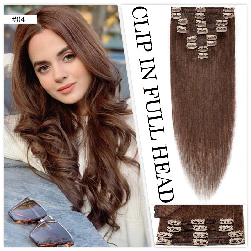 Clip-In Human Hair Extensions Full Head Set - Remy Straight Hair 8 Pieces