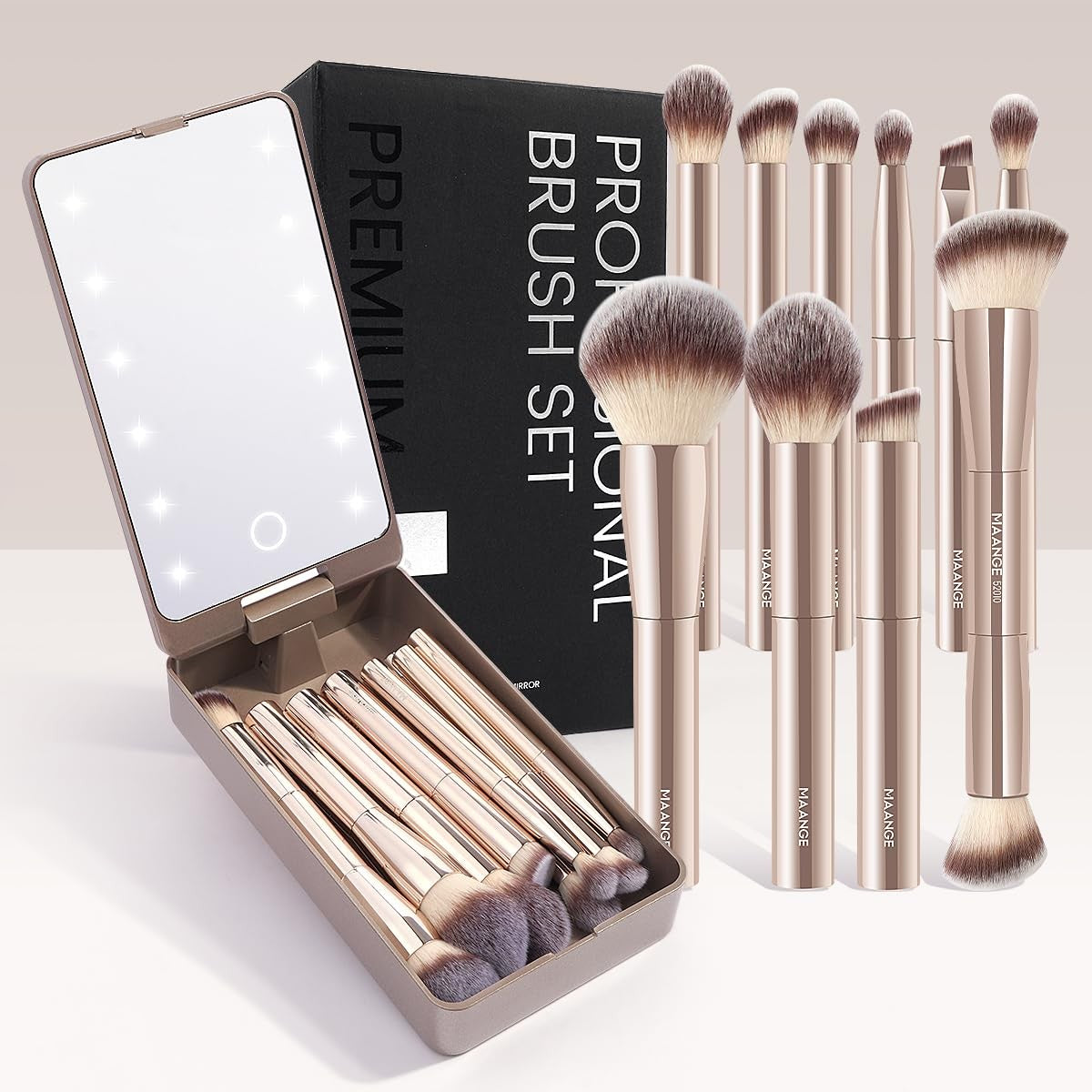 10-Piece Travel Makeup Brush Set with LED Mirror – Double-Ended Kabuki & Eye Brushes