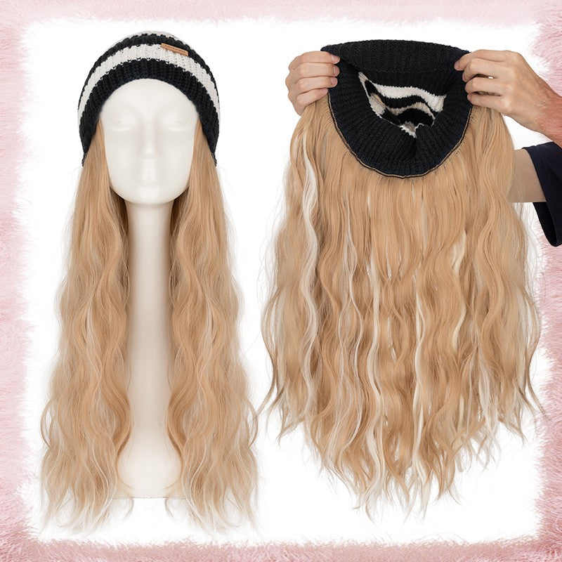 Women Knitted Wavy Wig Winter Beanie Hat - Long Curly Synthetic Hair