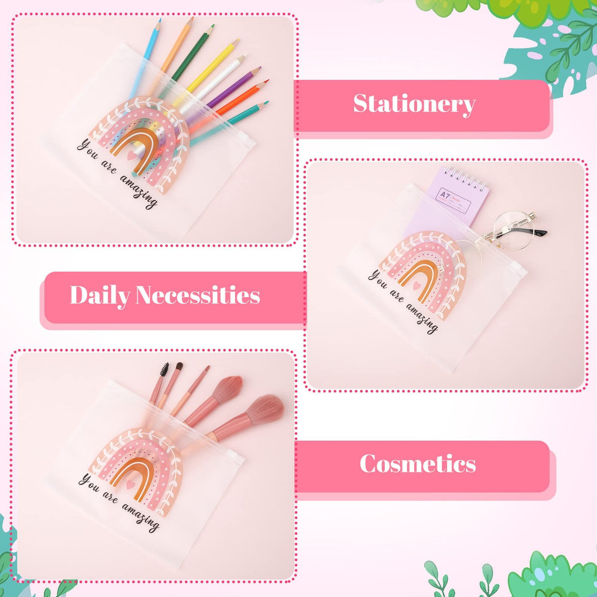Rainbow Inspirational Cosmetic Bag Set - 50 Pouches, Waterproof EVA, 7.87 x 5.91 Inches
