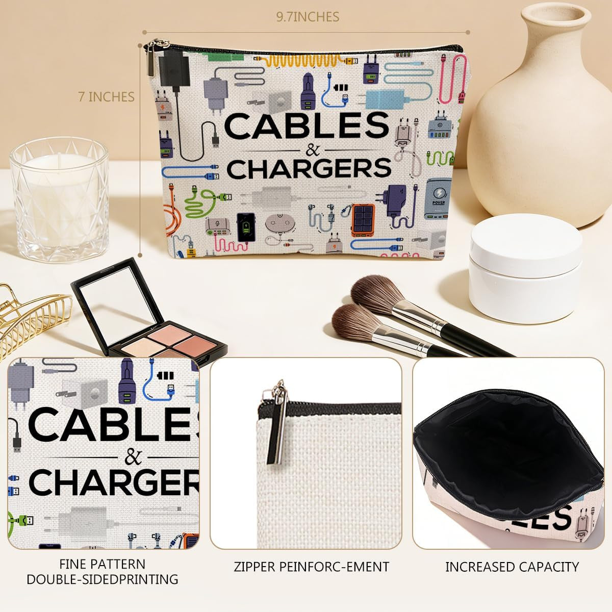 Travel Makeup Bag with Charger Organizer Waterproof Cosmetic Pouch