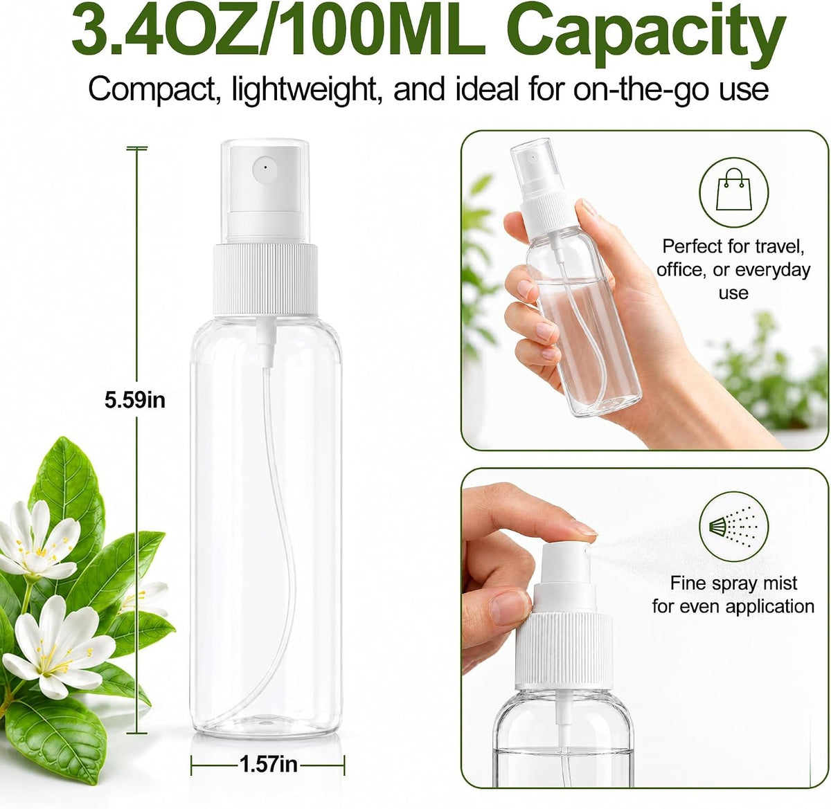 5 Pack 3.4oz Clear Plastic Spray Bottles with Fine Mist Sprayers