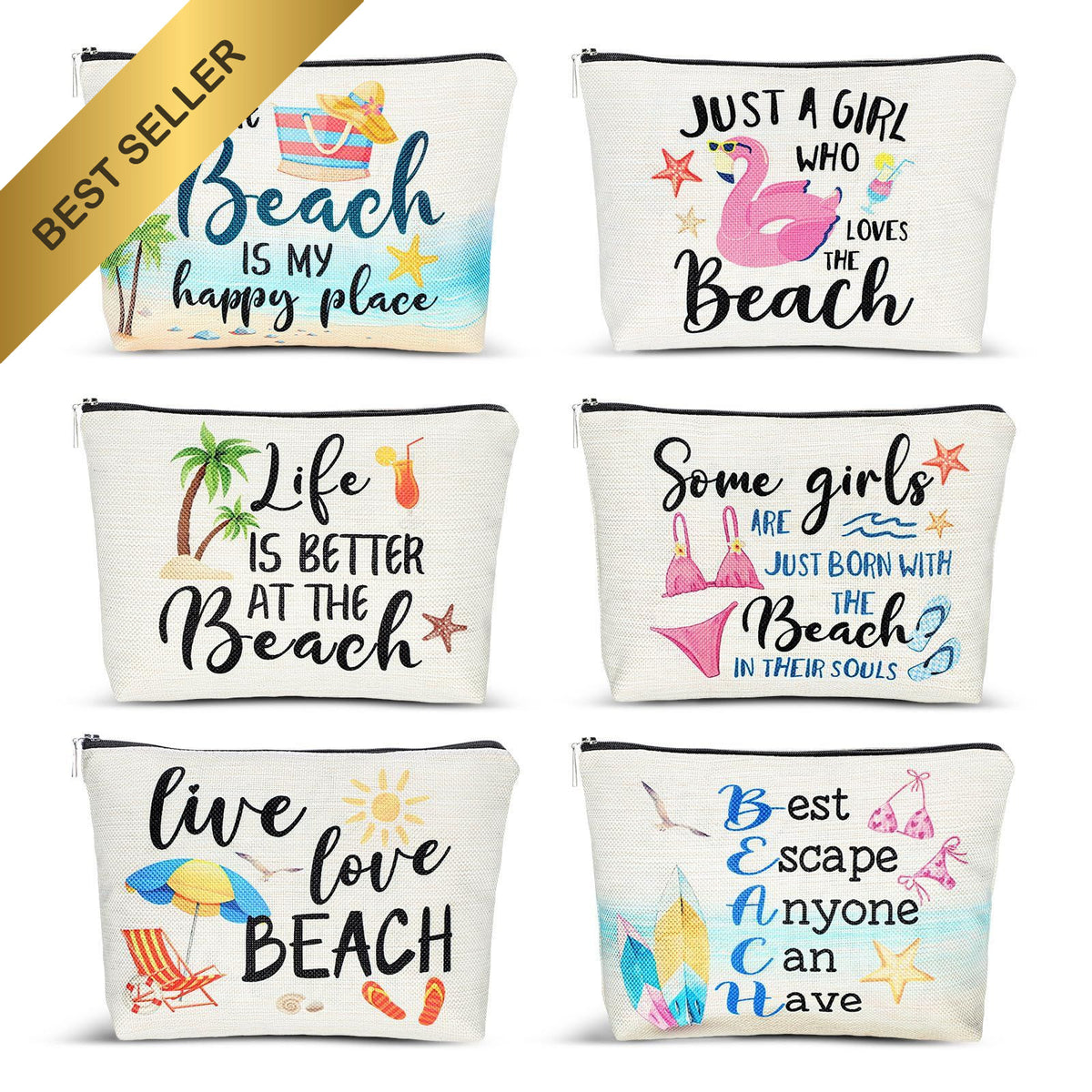 6-Piece Beach Makeup Bag Set Summer Travel Cosmetic Organizer