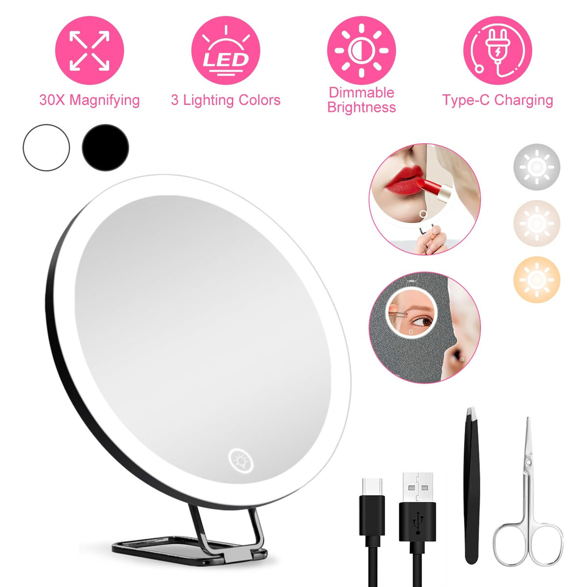 Lighted Magnifying Makeup Mirror with 3 Dimmable LED Colors - Travel Compact