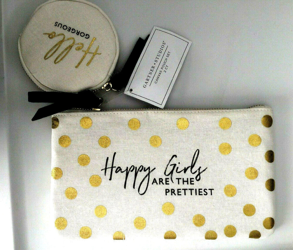 Gold Polka Dot Canvas Cosmetic Pouch Set - 2 Pieces Travel & Makeup Bag