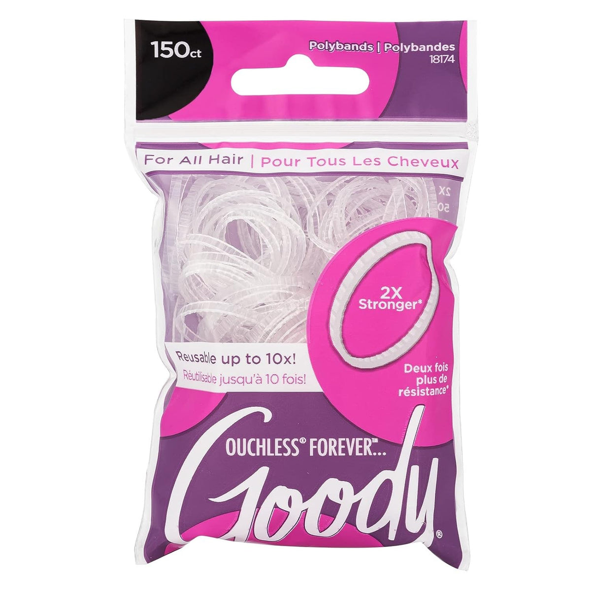 Goody Ouchless Forever Polyband Hair Ties, 150 Ct, Clear, Elastic
