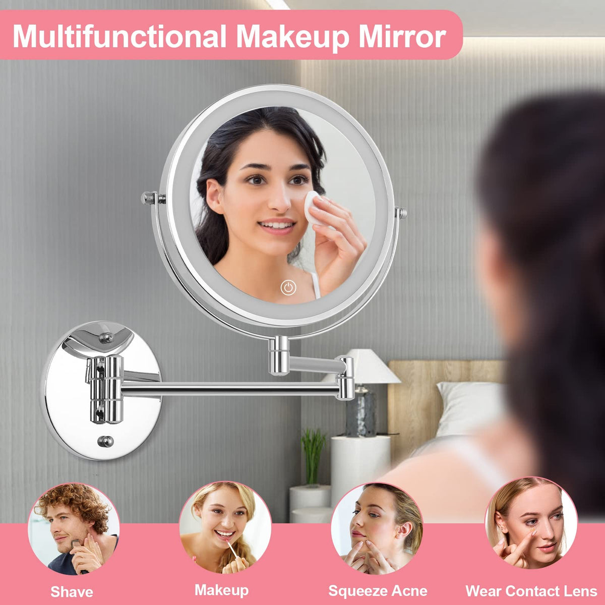 8-Inch LED Wall Mounted Makeup Mirror with 10X Magnification, Adjustable Brightness & 3 Color Modes