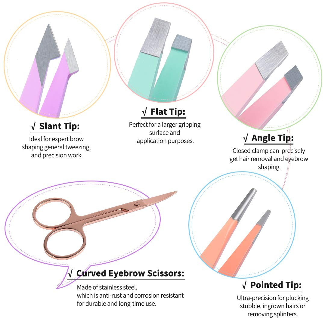6-Piece Eyebrow Tweezers Set with Curved Scissors & Brush - Multi-Color