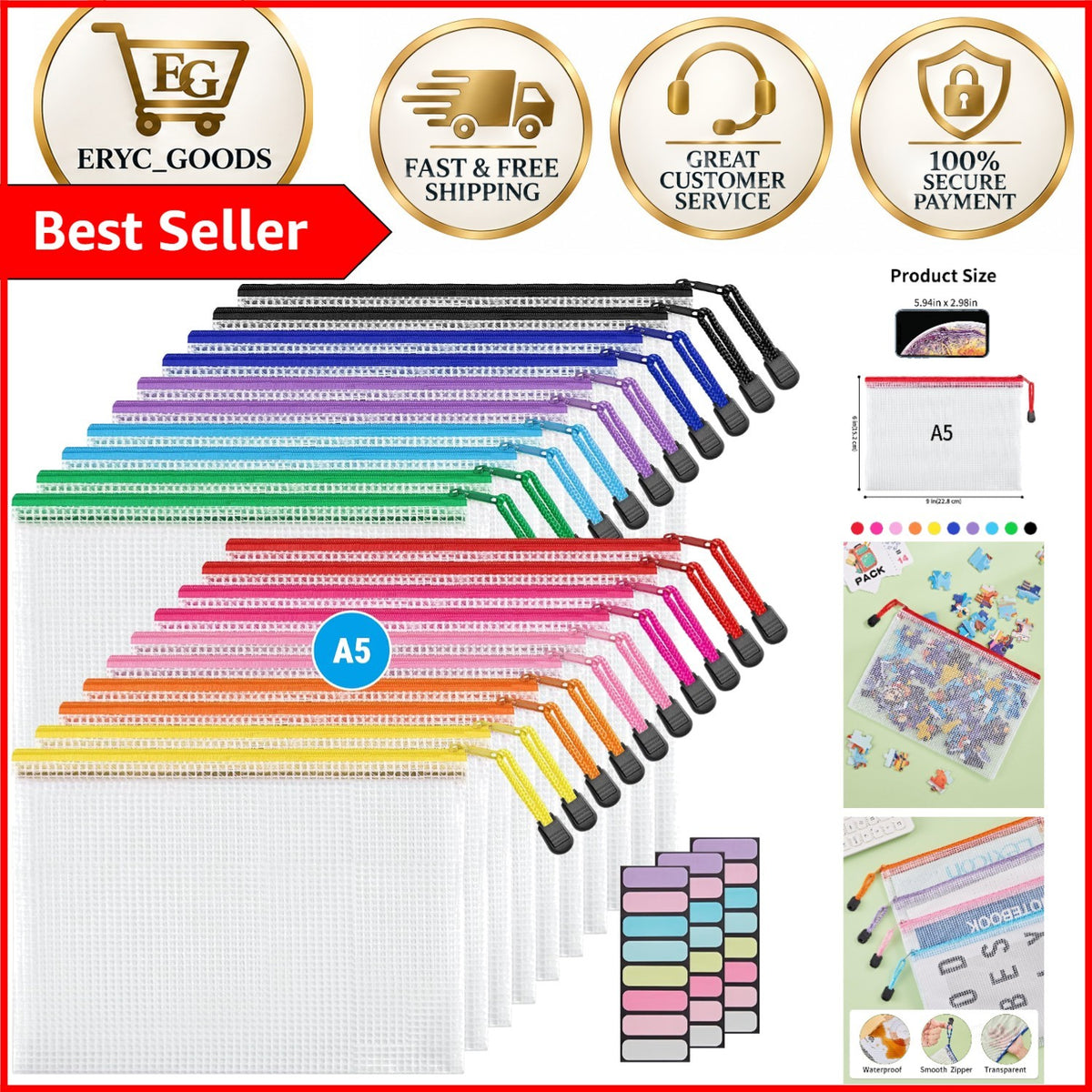 Waterproof Mesh Zipper Pouches 20-Pack for Travel and Organization