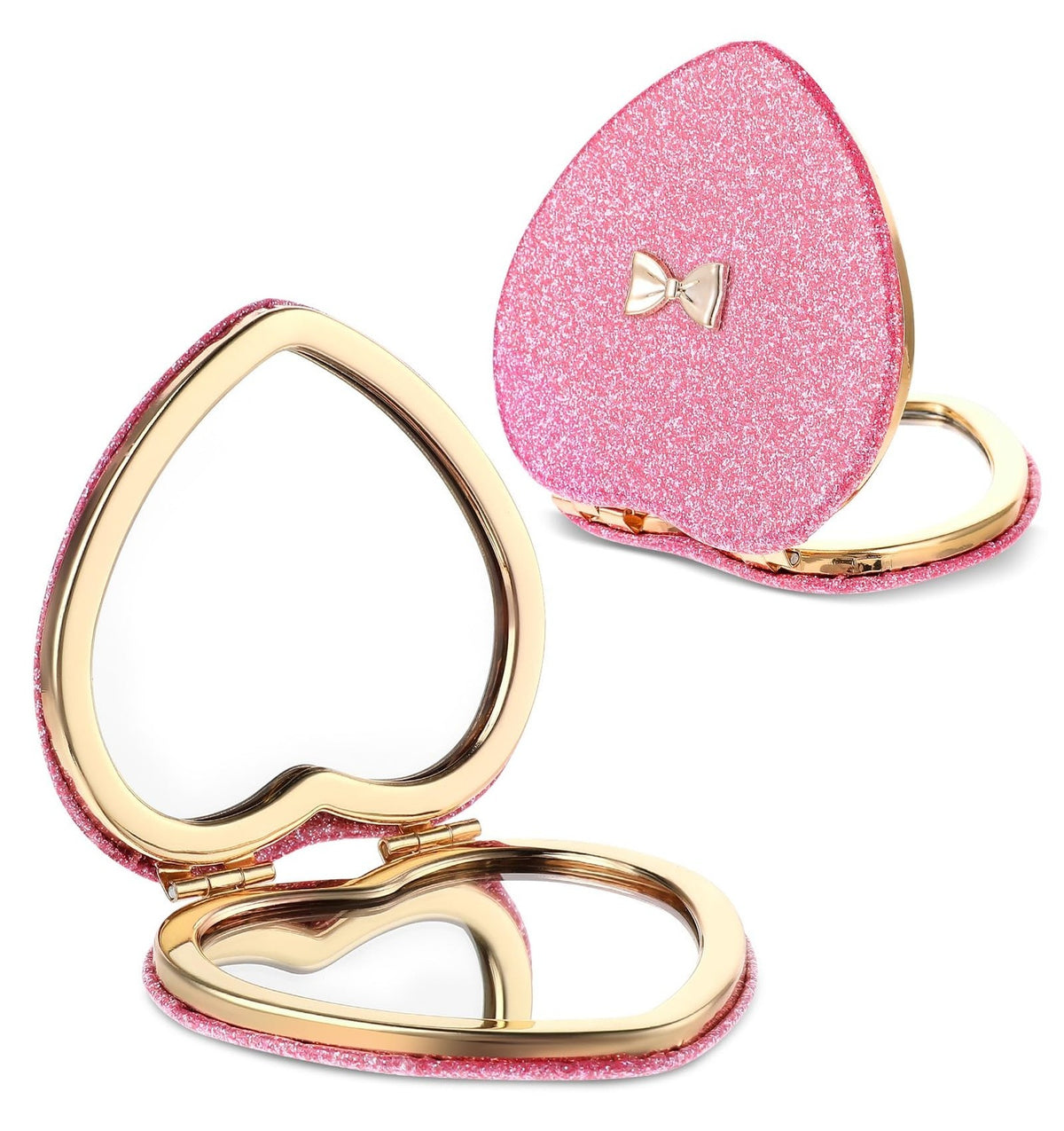 Pink Heart Compact Mirror with Magnifying - Double-Sided Folding Makeup Tool