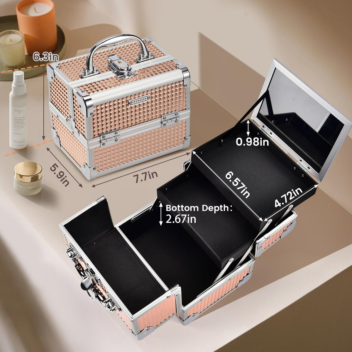 Rose Gold Makeup Organizer Case with Mirror Lockable Portable Storage