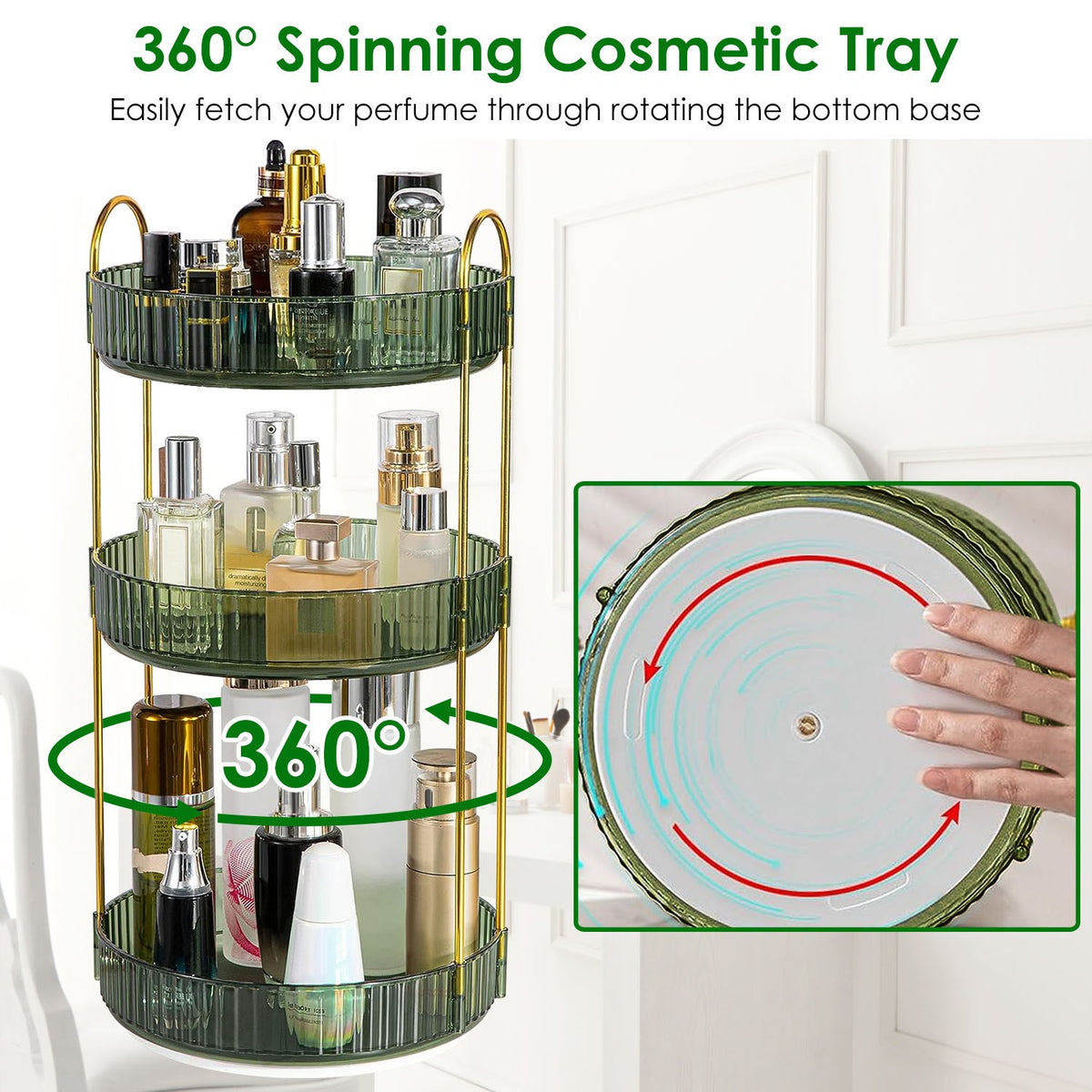 360 Degree Rotating Makeup Organizer Shelf, 3-Tier Lazy Susan Cosmetic Storage