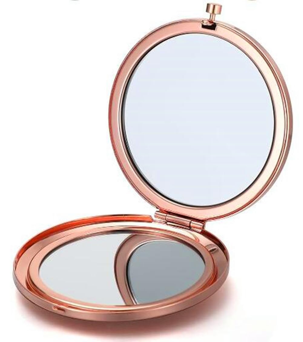 Rose Gold Compact Mirror with 1x/2x Magnification - Portable Folding 2.76 Inch Double-Sided Makeup Mirror