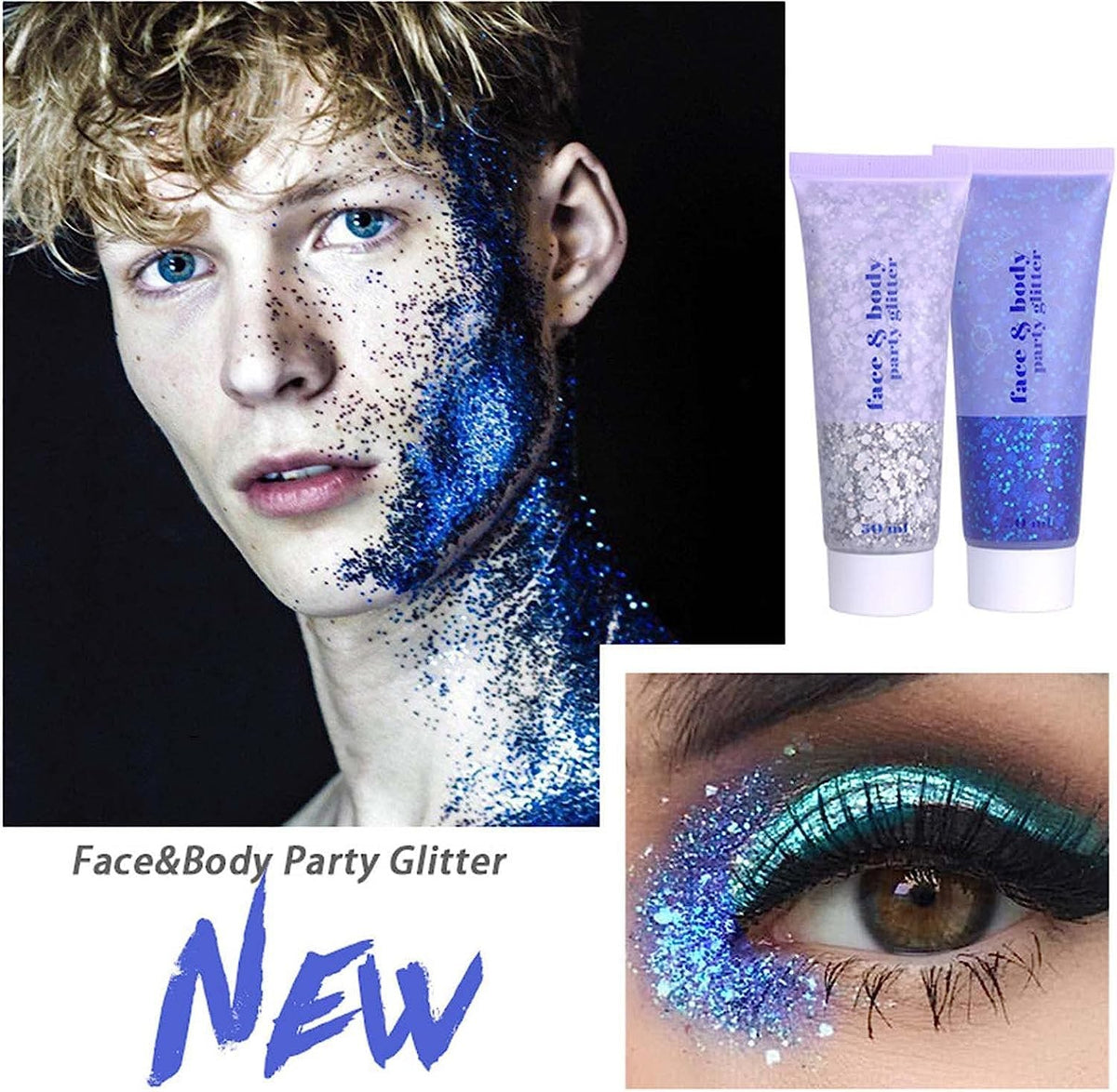 Silver Body Glitter Gel for Face & Hair - Sparkly Makeup, 50ml