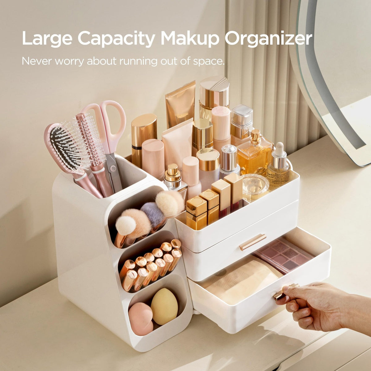 Large Makeup Organizer with Brush Holder for Vanity and Bathroom Storage