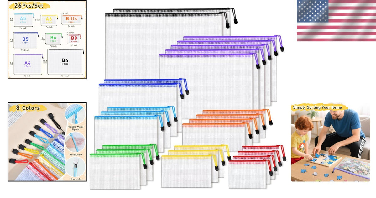 26pcs Mesh Zipper Pouch Bags Set - Waterproof Clear Storage Bags for Office Travel
