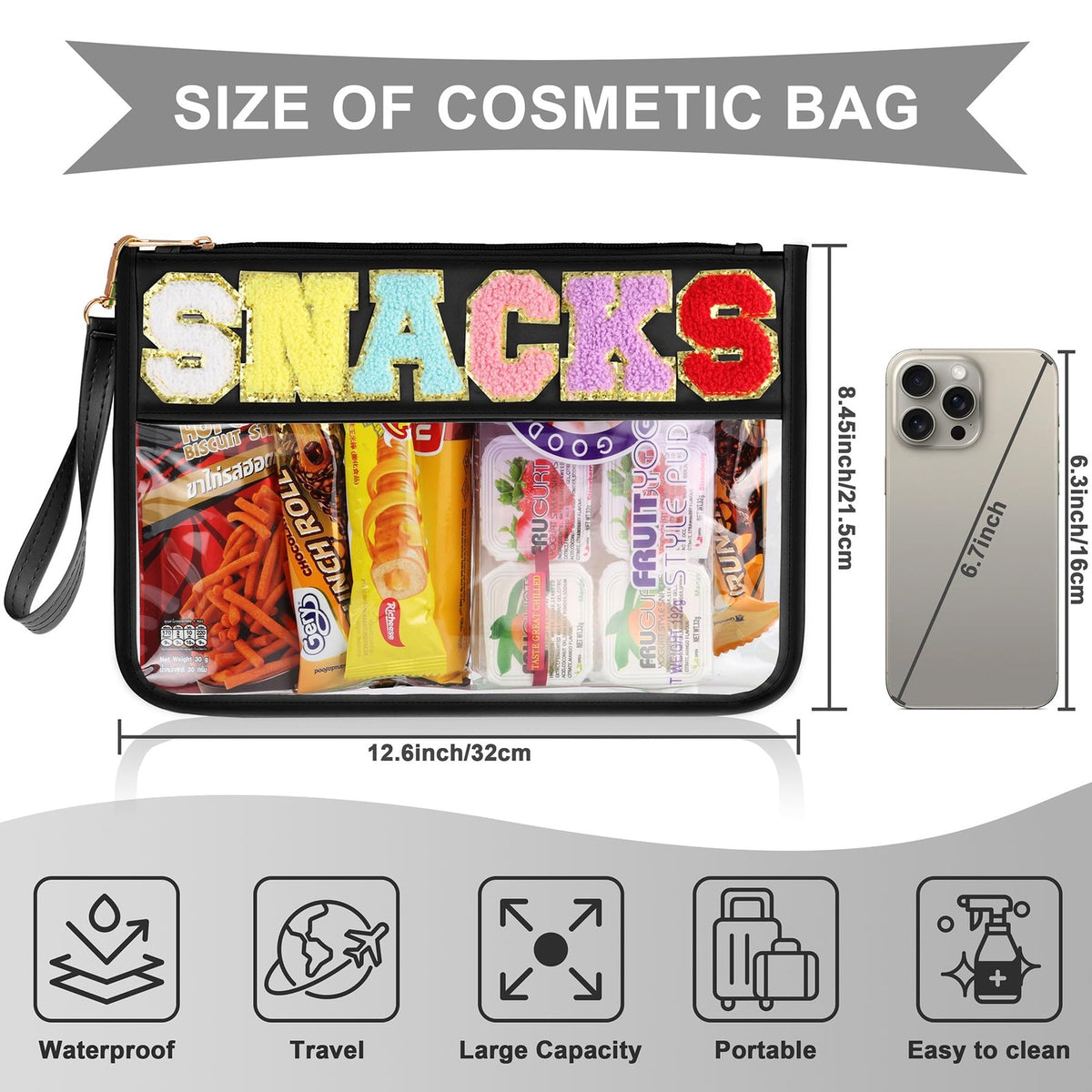 Travel Snack Bag with Zipper & Clear PVC Chenille Letter Patch - Waterproof Pouch