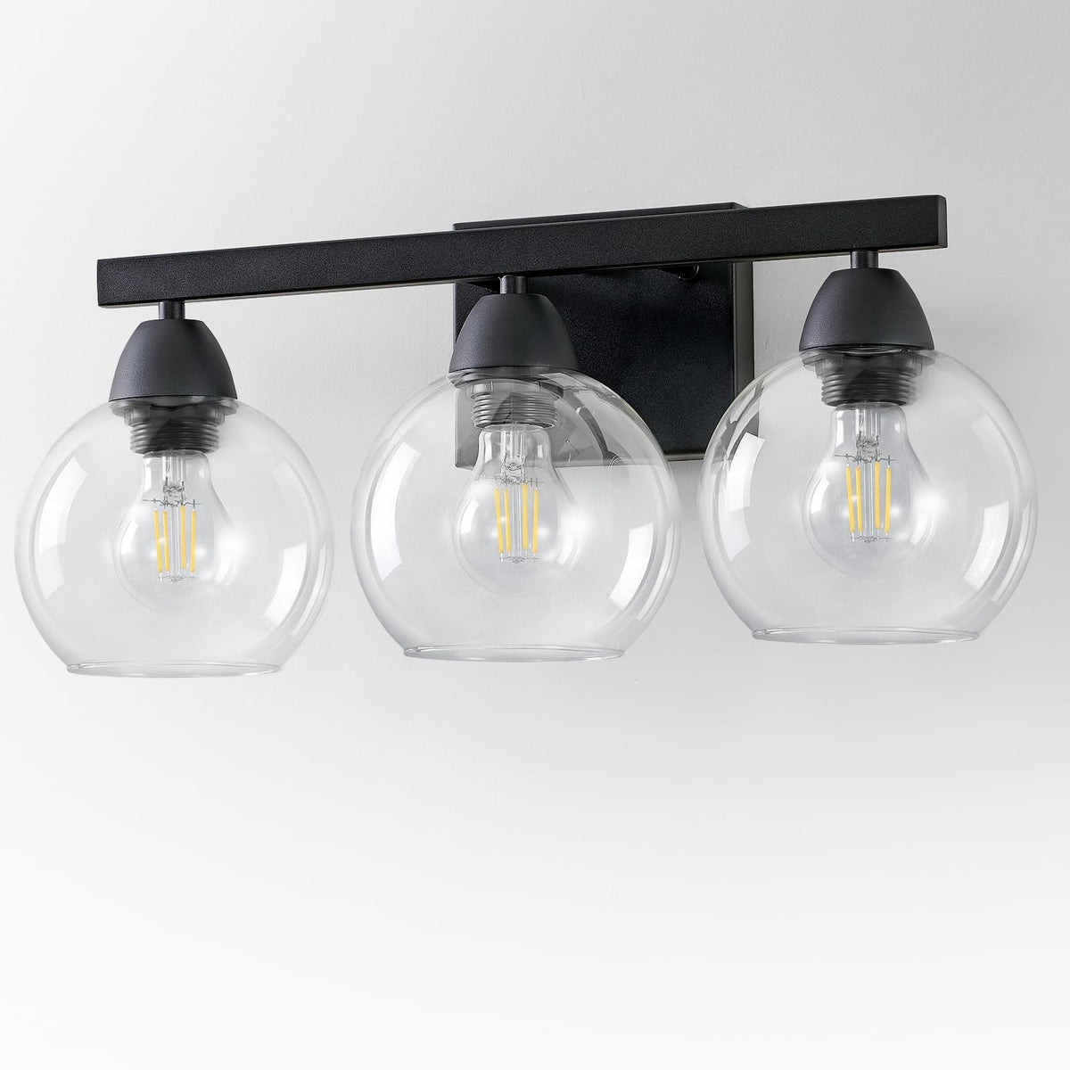 3-Light Black Vanity Light Fixture with Hand-Blown Glass Shades for Bathroom