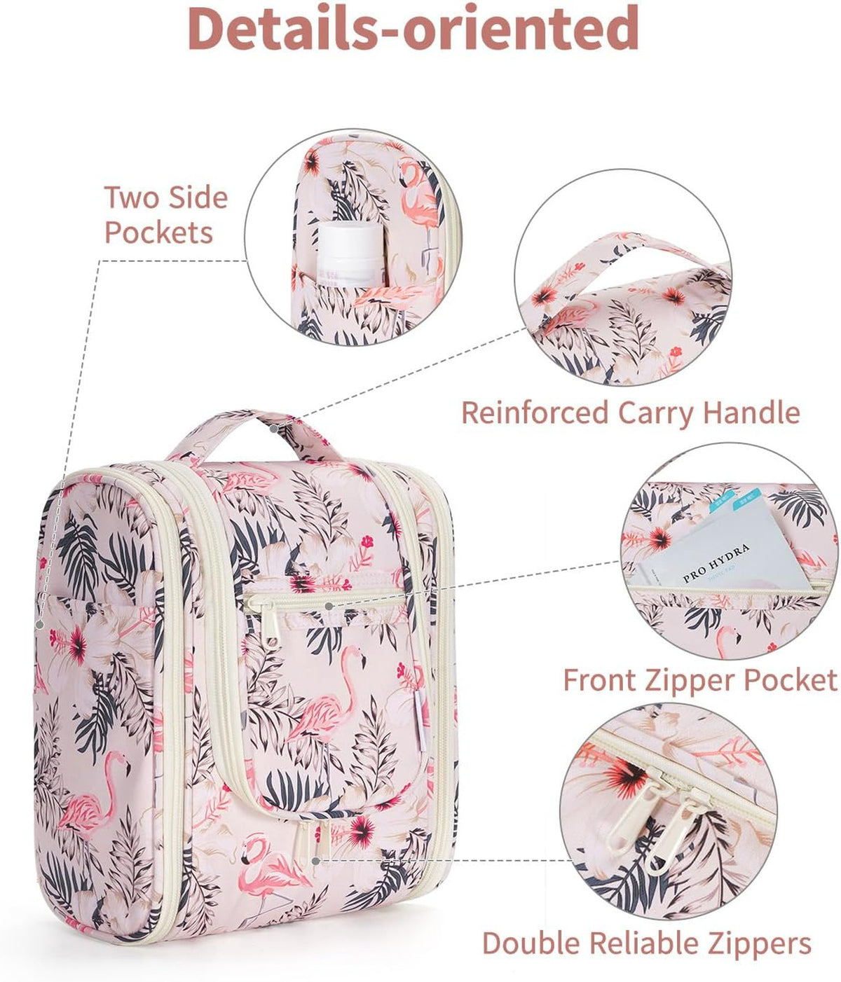 Travel Toiletry Bag Women Small Organizer with Hook Beige Bird Medium