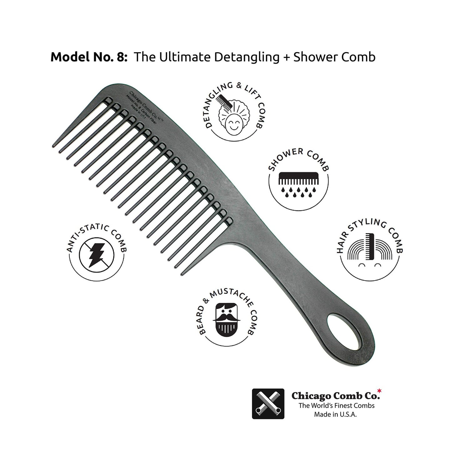 Carbon Fiber Detangling Comb 8.5 Inch for Thick Curly Hair & Beards - Made in USA
