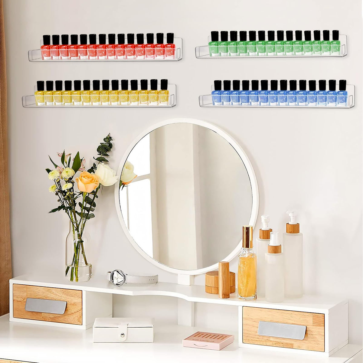 15 Inch Wall Mounted Nail Polish Organizer Rack with 6 Clear Shelves