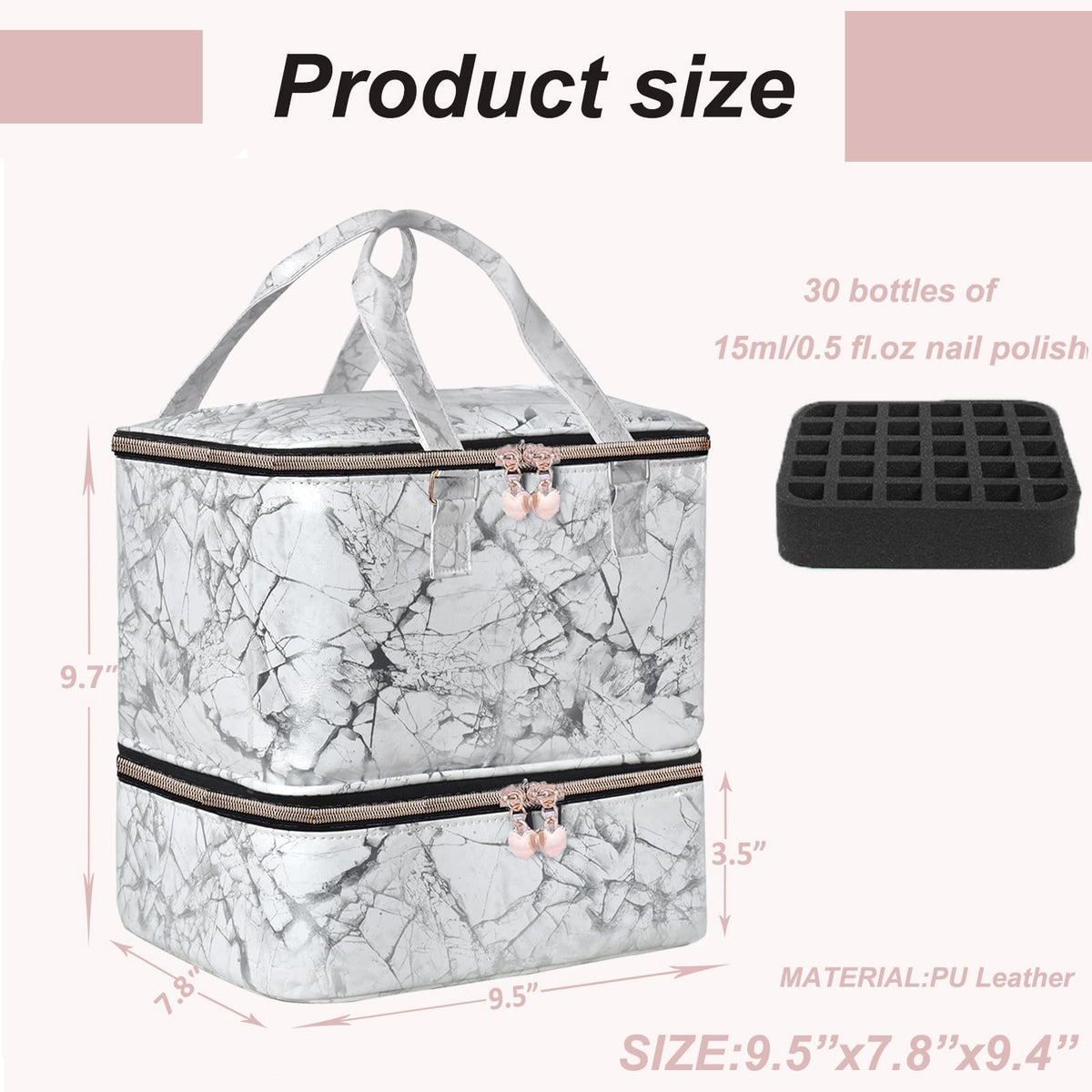 Double Layer Nail Polish Organizer Case Holds 30 Bottles & Lamp, White