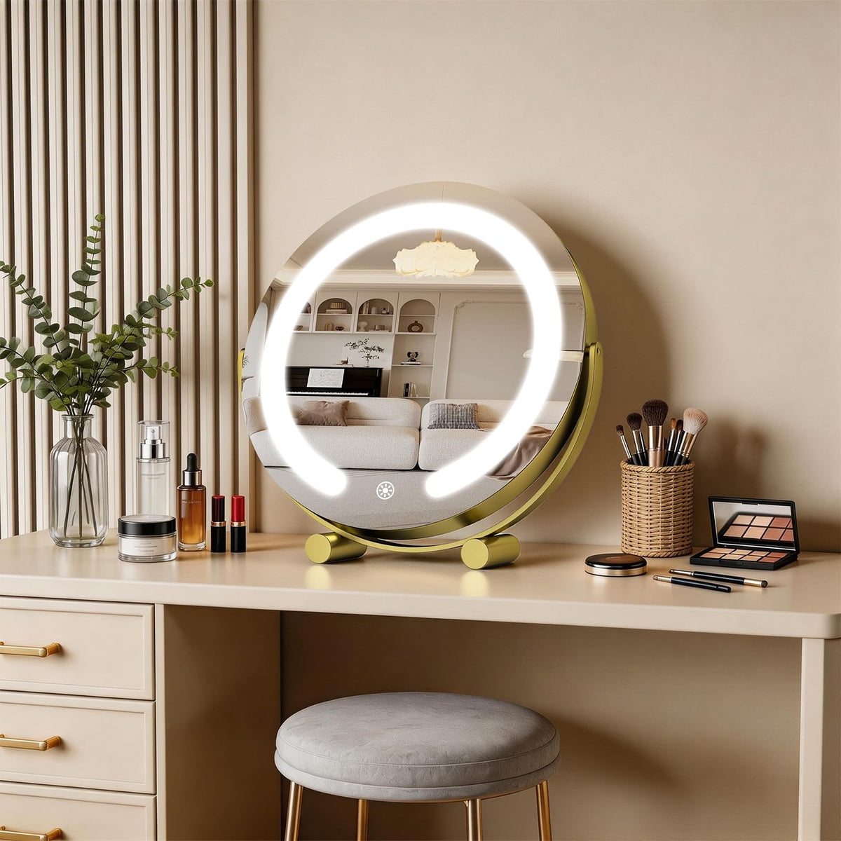 12-Inch LED Lighted Makeup Vanity Mirror with Touch Control, Dimmable & Rotatable, Gold Finish