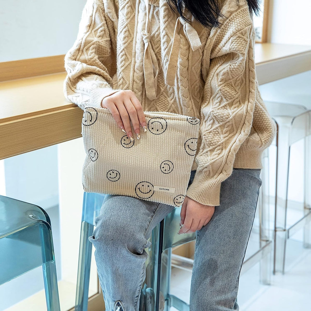 Corduroy Makeup Bag for Women - Aesthetic Ladies Tote with Smiling Faces