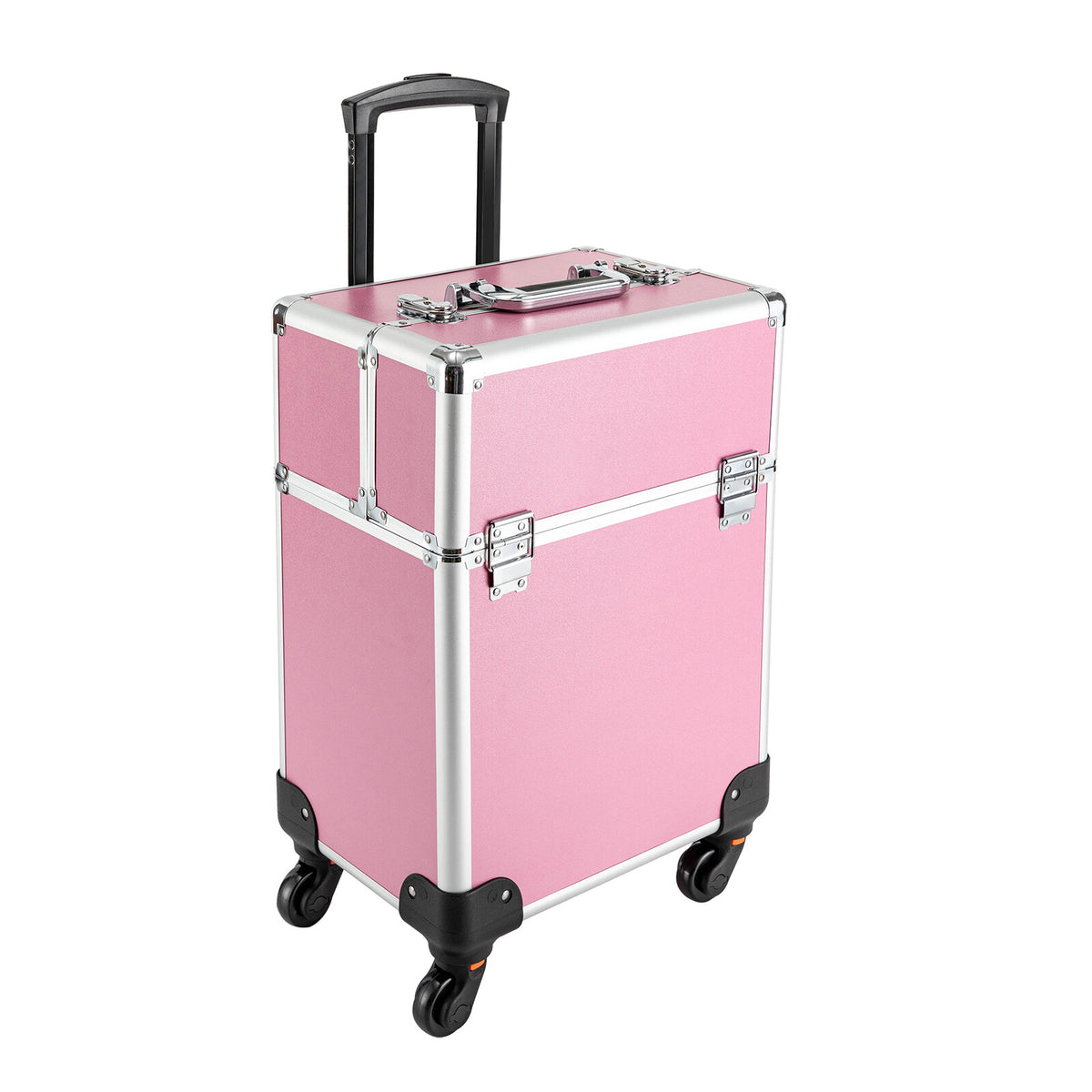 Pink Aluminum Rolling Makeup Train Case with Multiple Compartments