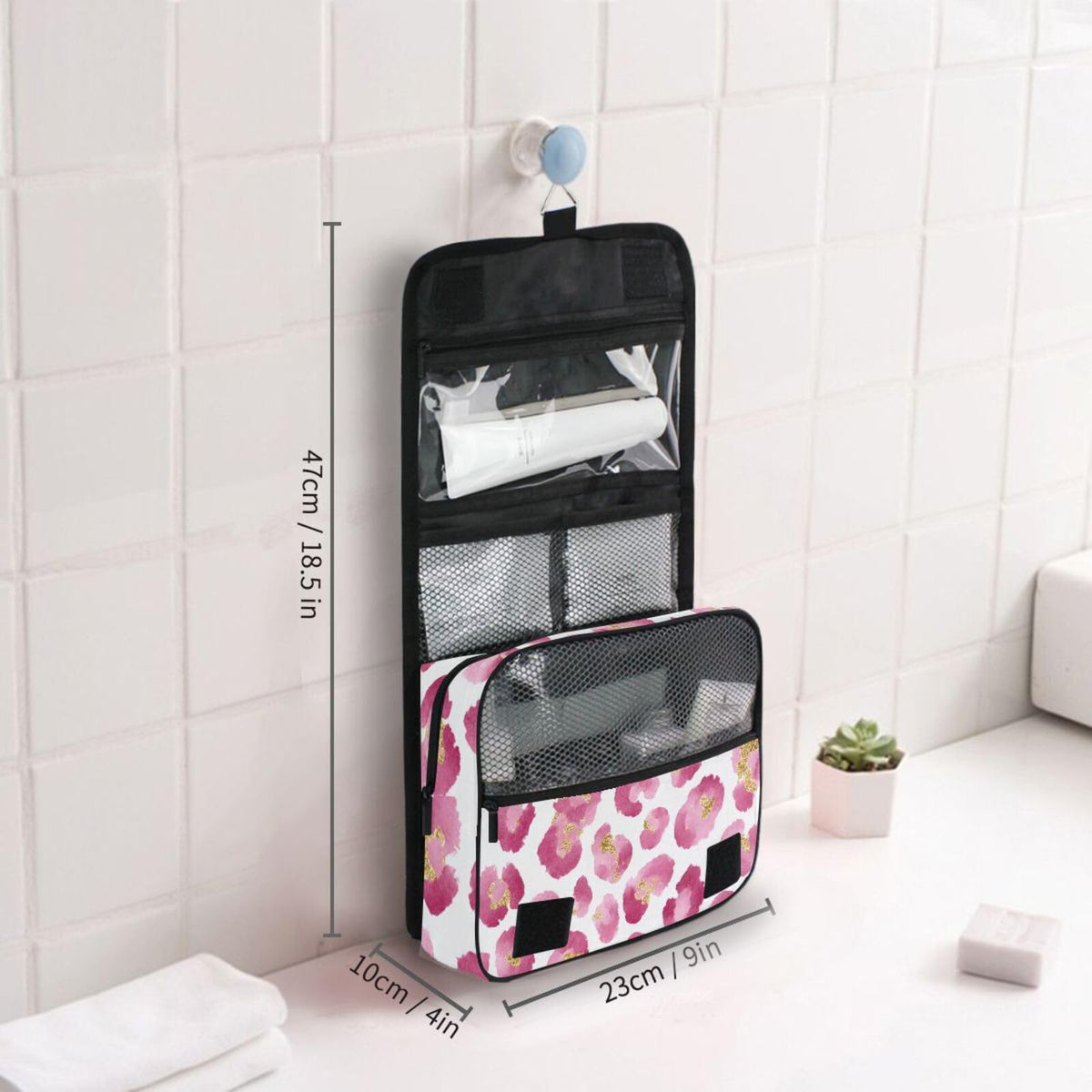 Pink Leopard Hanging Toiletry Makeup Bag - Travel Organizer with Water-Resistant Nylon