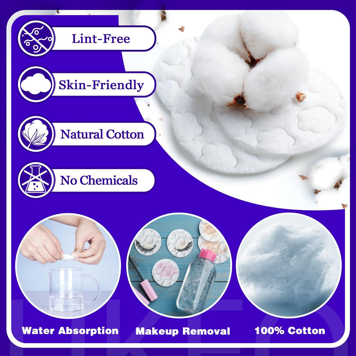 Organic Cotton Facial Pads - 300 Count, Ultra-Soft, Hypoallergenic Makeup Remover & Cleansing Cotton Rounds