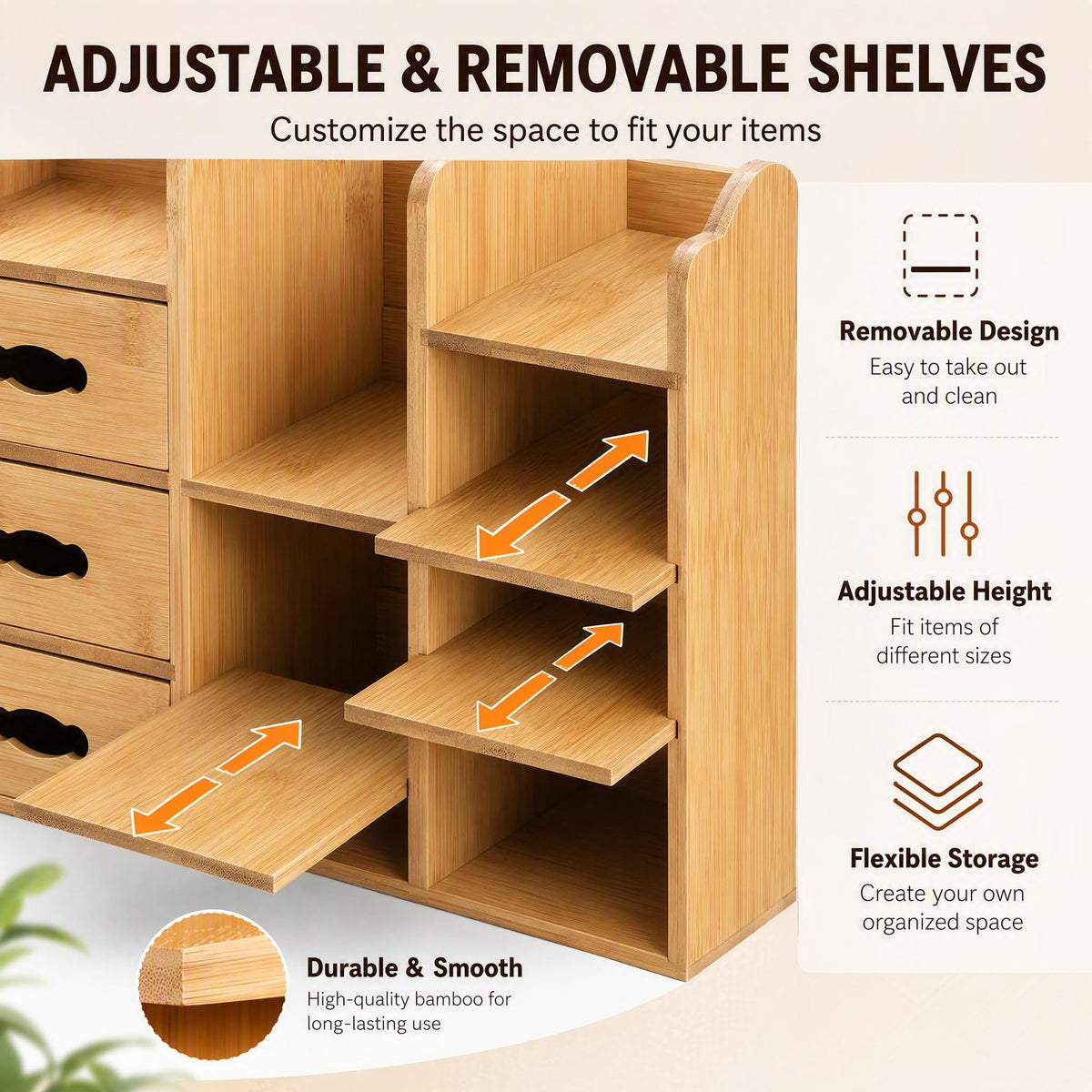 Bamboo Makeup Organizer with Drawers and Compartments - Multi-Functional Dresser Shelf