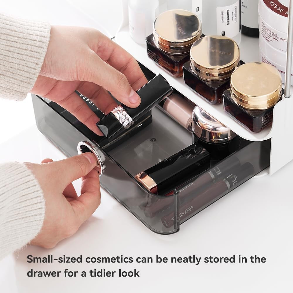 Small Makeup Vanity Organizer with Drawer, 2-Tier Bathroom Countertop Storage