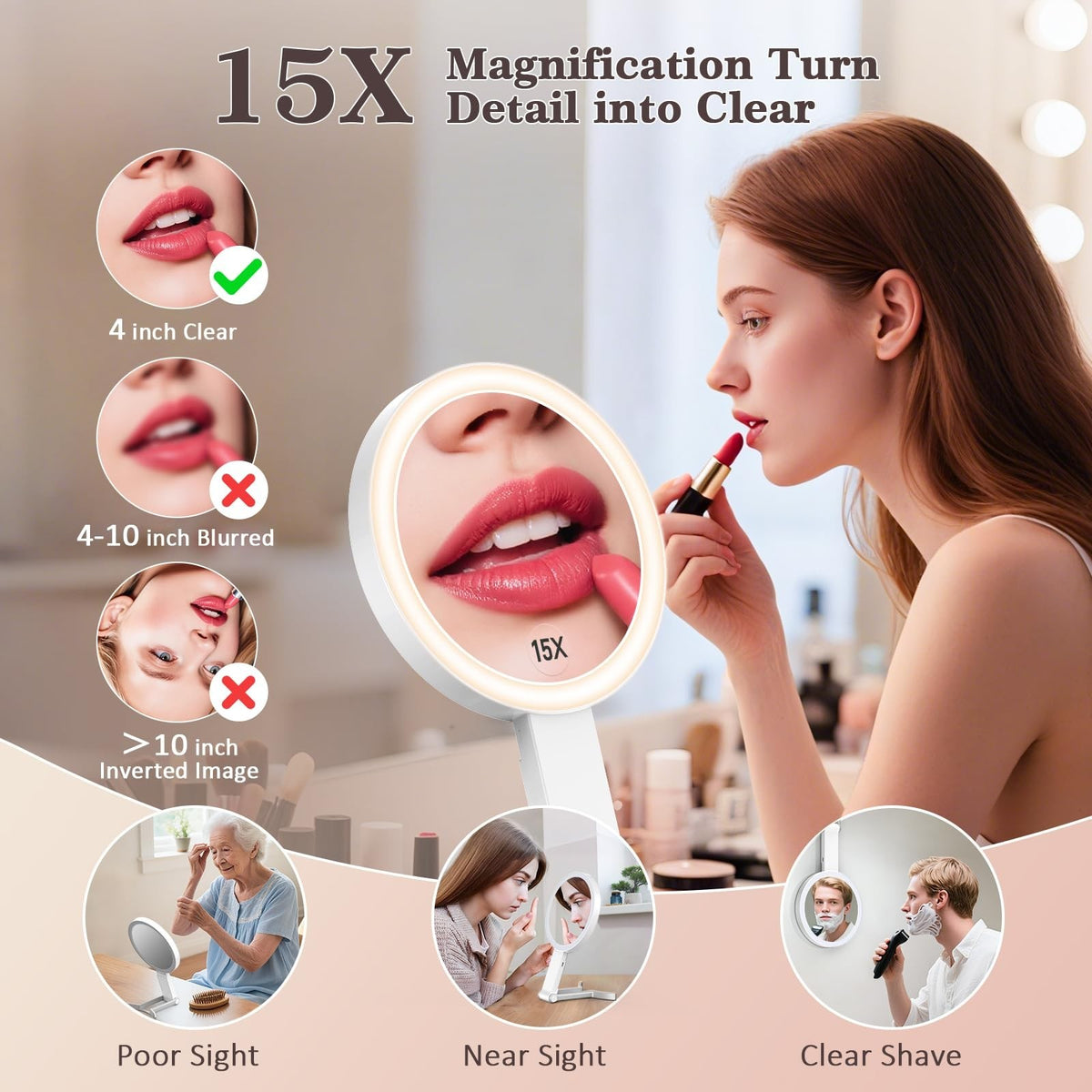 Travel Makeup Mirror with Lights and Magnification - 15X/1X Double Sided Portable LED Mirror, Dimmable Touch, White
