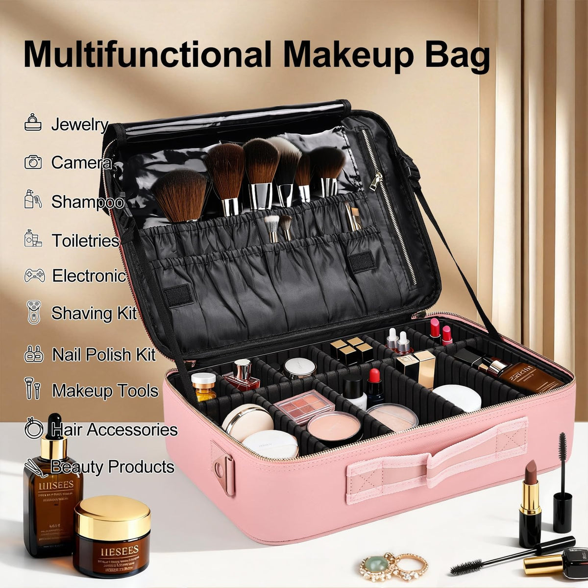 Large Travel Makeup Case Organizer - Waterproof PU Leather Cosmetic Bag with 10 Removable Dividers