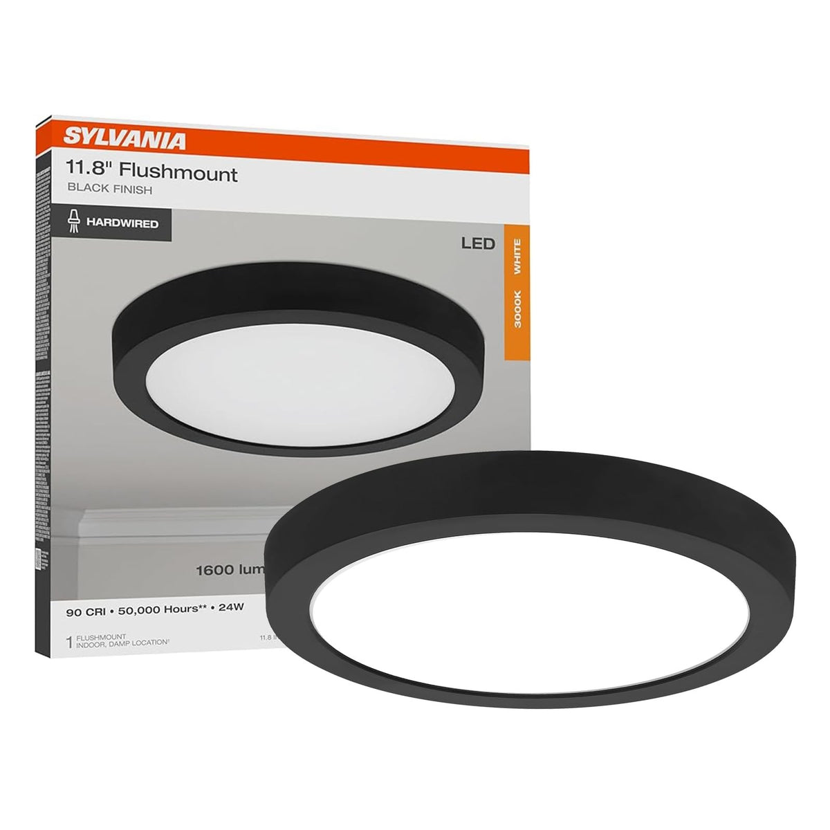 12-Inch LED Flush Mount Ceiling Light Fixture - 24W Warm White, Black