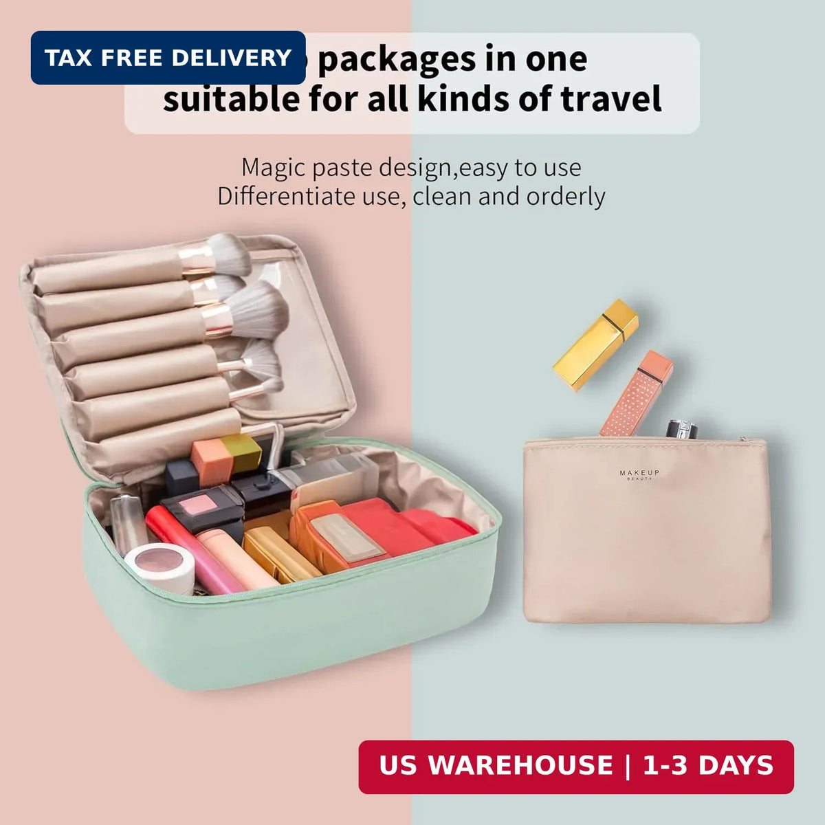 Travel Makeup Bag Set — Large Cosmetic & Toiletry Organizer with 3 Compartments