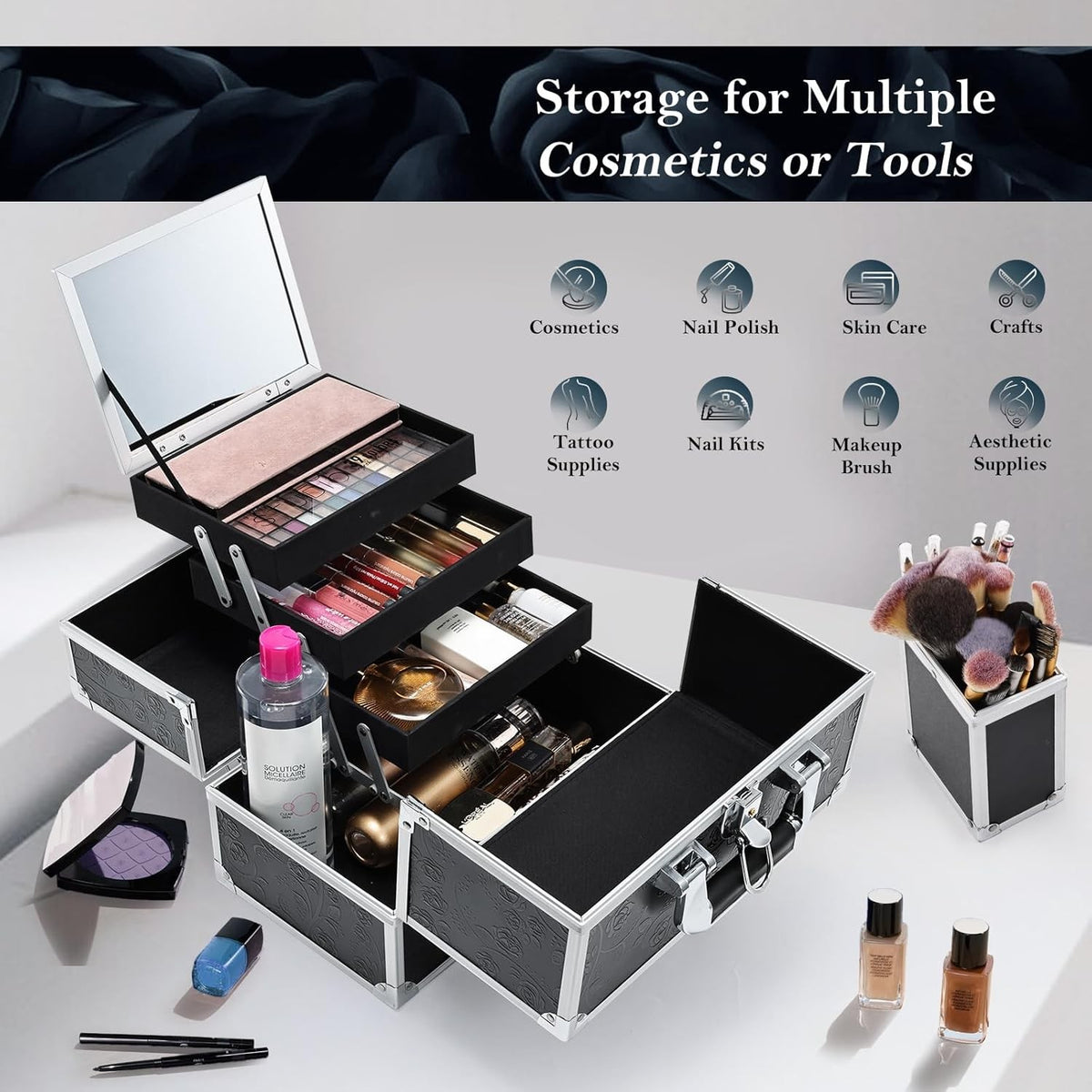 Large Black Floral Makeup Train Case - Portable 11.8 Inch Organizer