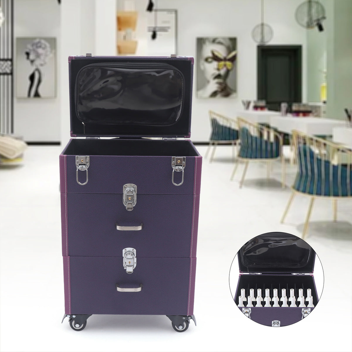 Rolling Makeup Train Case with 4 Wheels and Large Storage - Purple