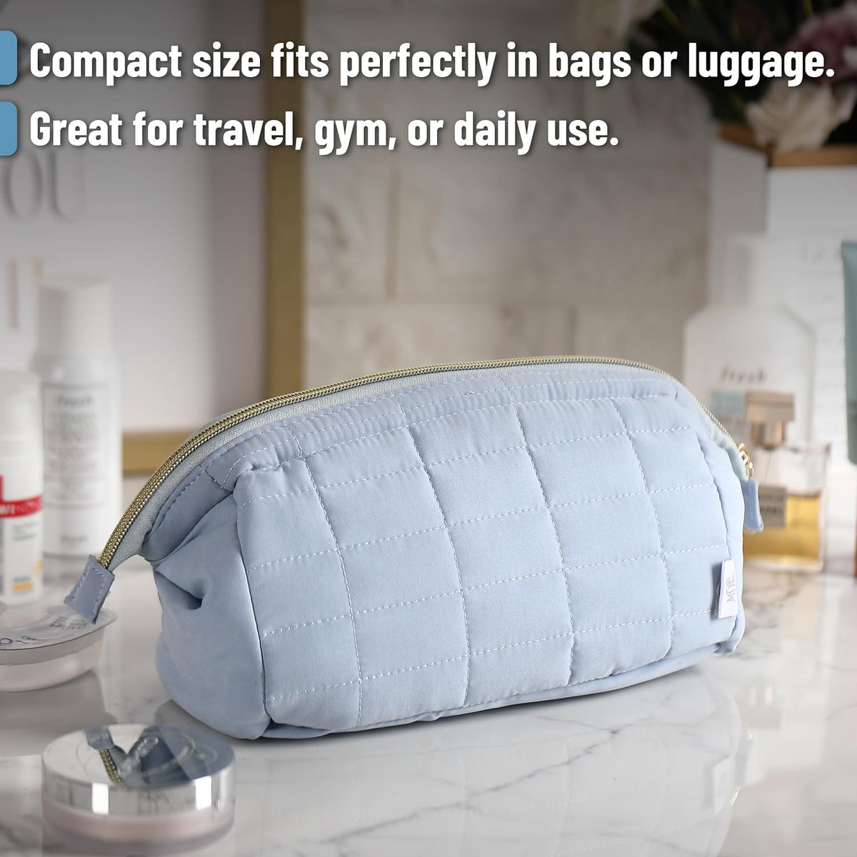 Dusty Blue Aesthetic Quilted Makeup Bag for Women by Ms. Pen