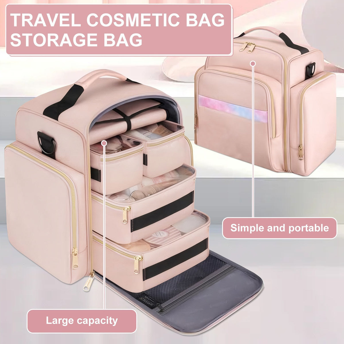 Large Travel Makeup Organizer Bag with 2 Removable Cases - Pink
