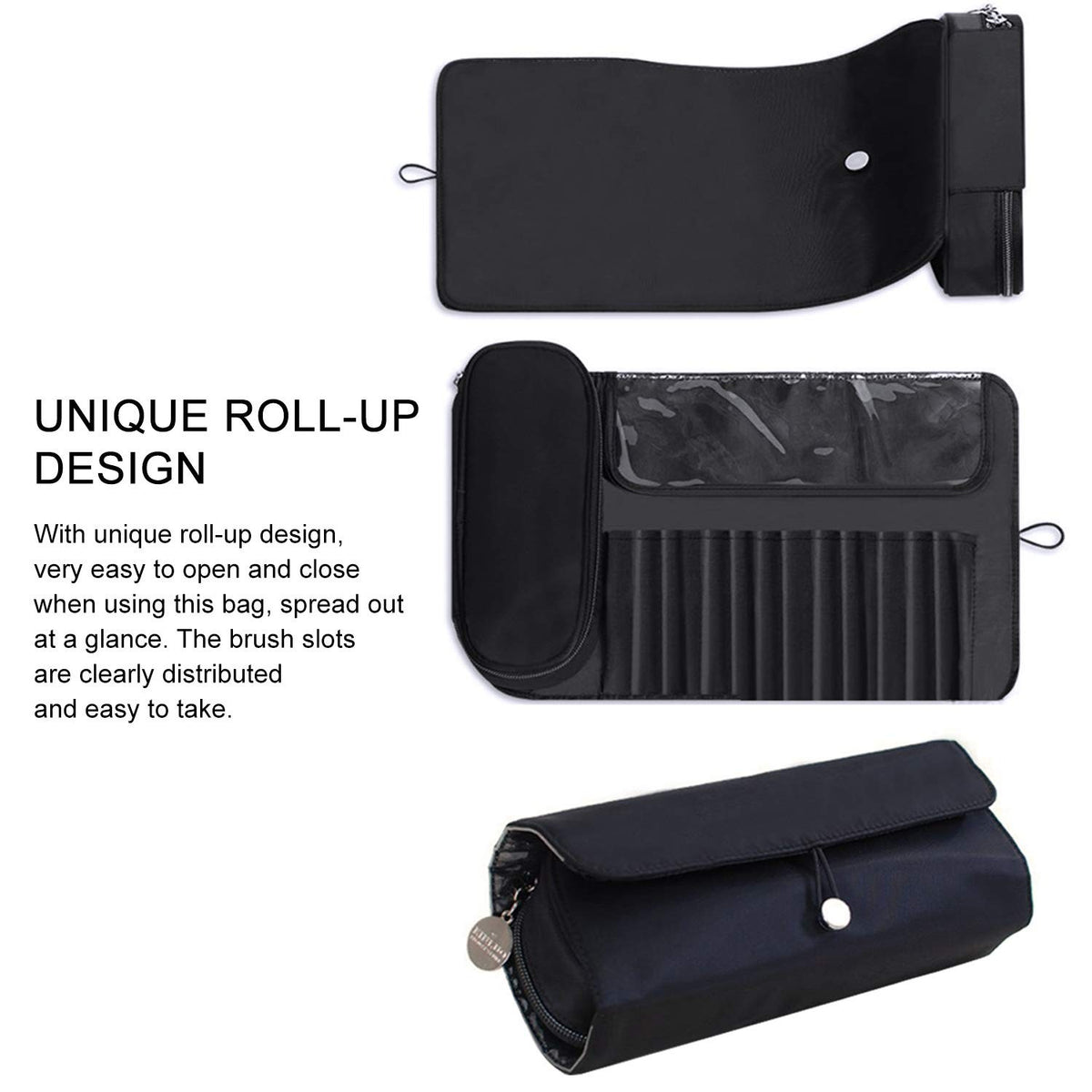 Travel Makeup Brush Bag Organizer Roll-Up Case with Water-Resistant Nylon