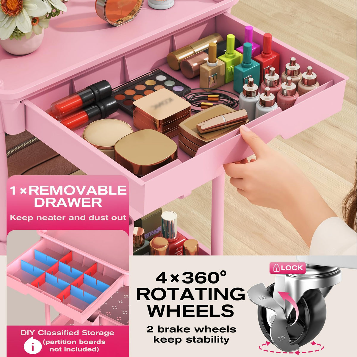 Pink 3-Tier Rolling Makeup Organizer Cart with Removable Drawer